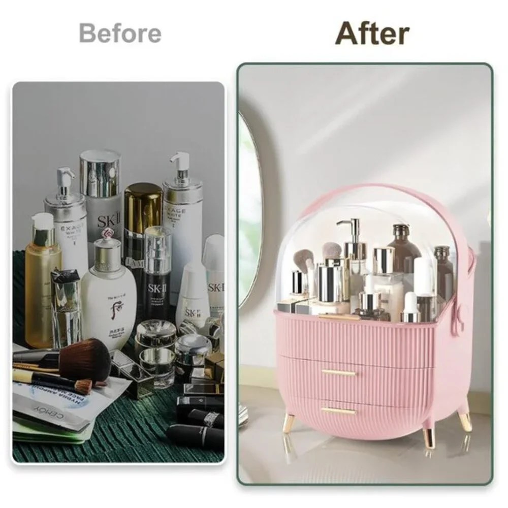 New Makeup Organizer with Lid & Drawers, Skincare & Cosmetic Storage in Pink